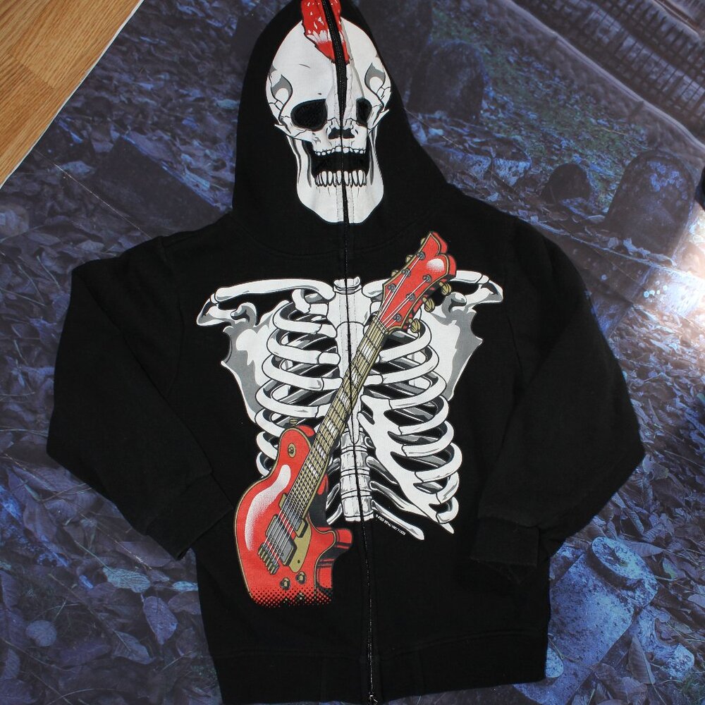 Boys FSD Four Seasons Design Zip Up Skeleton W/Guitar Hoodie Size Small